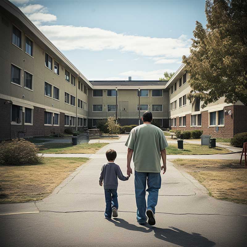 A father and child walking to a residential facility