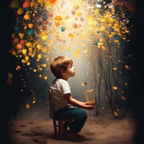 Child Sitting In Chair With Colors Floating Around