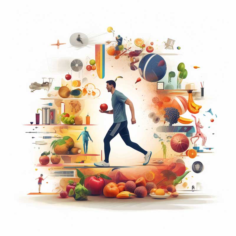 A man walking through an abstract environment with imagery about health, fitness, and the environment