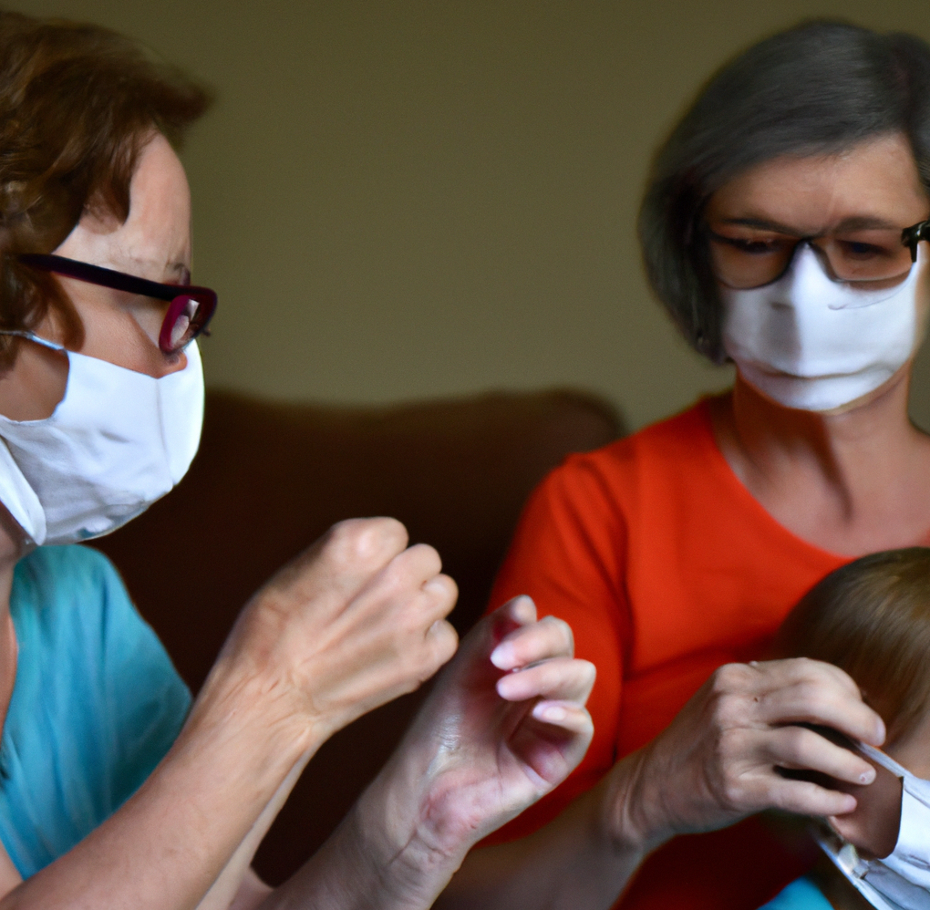 A woman putting a face mask on a child while a man watches. Both adults are wearing face masks.