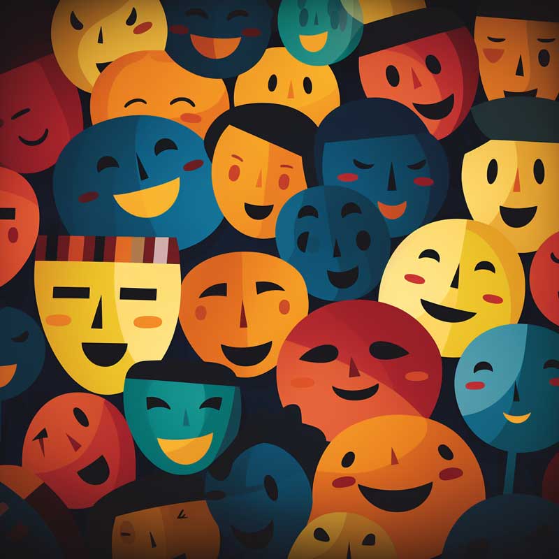 An abstract picture of faces and masks smiling in different designs